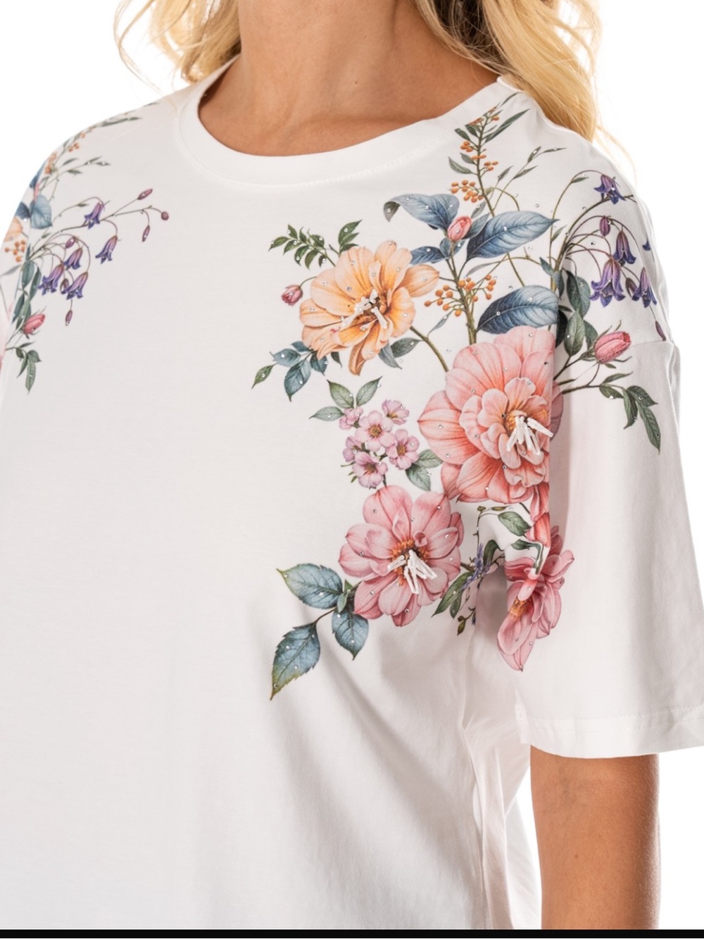 Floral Print Short Sleeve Top | Elegant White Boutique Blouse - Picture 2 of 3